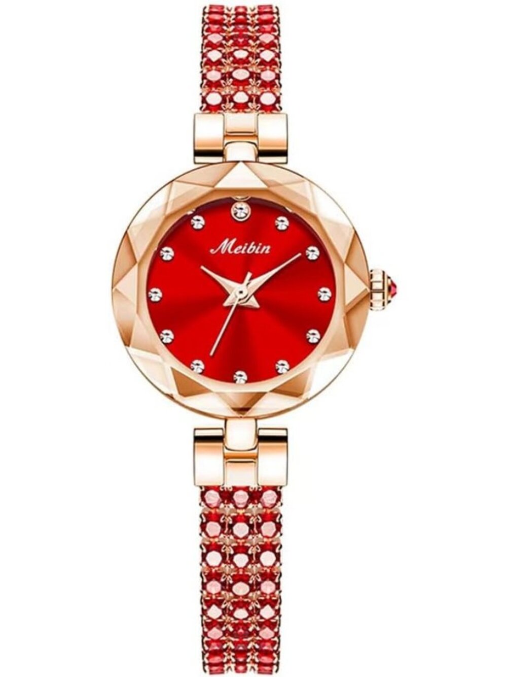 Women's Red Crystal Diamond Bangle Ladies Bracelet Luxury Oval Gold Wrist Watch